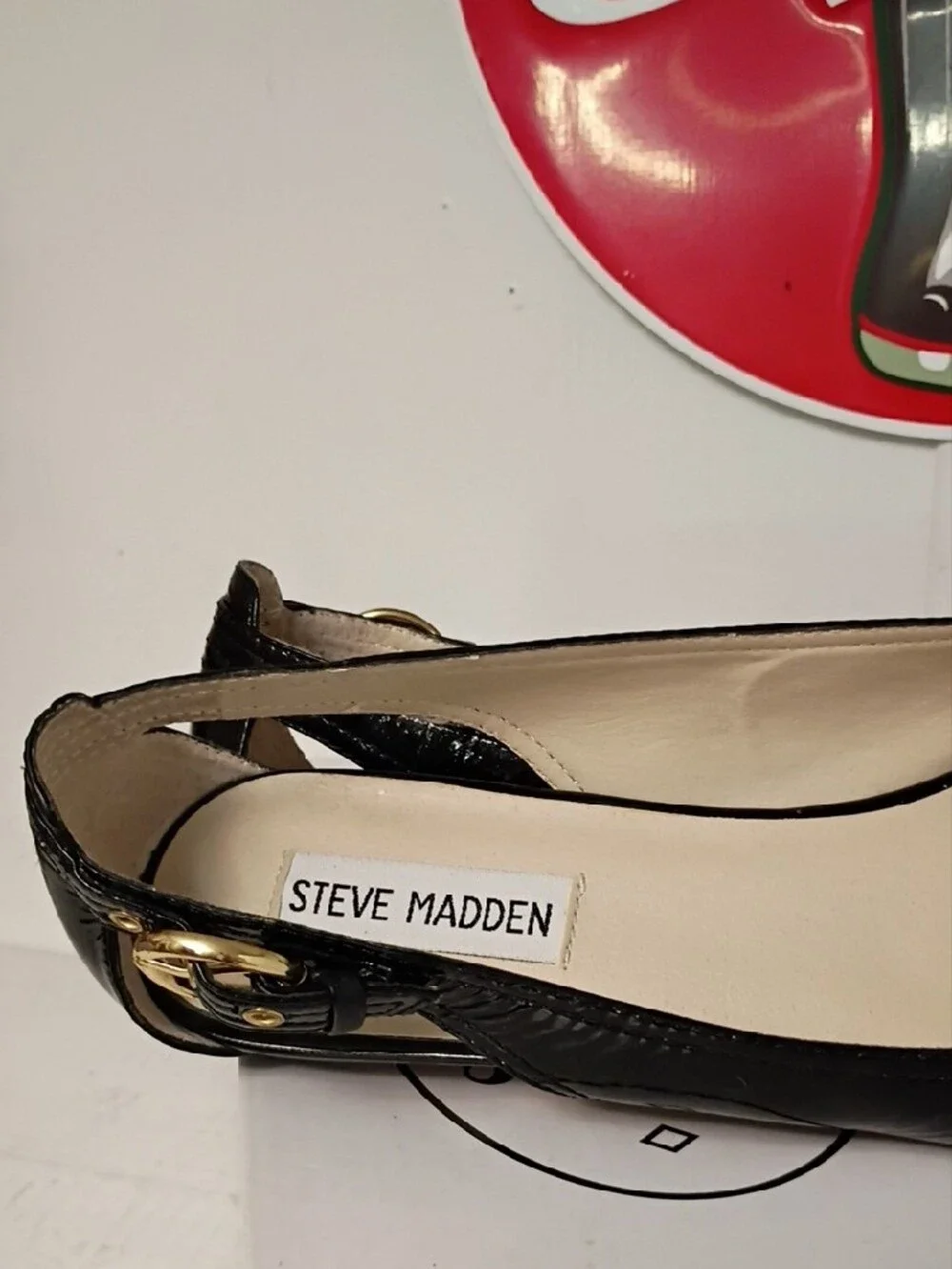 Steve Madden Black Patent Slingback Flats with Gold Buckle Accent